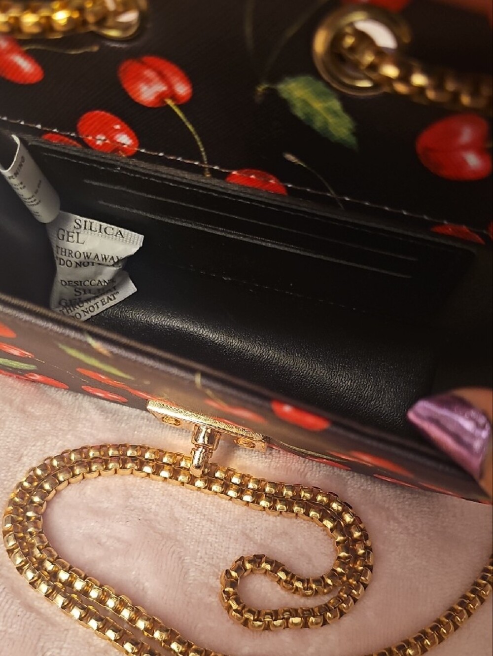 Black Cherry Print Crossbody Bag with Gold Chain - 1 Free Bag Charm Included - Picture 6 of 6